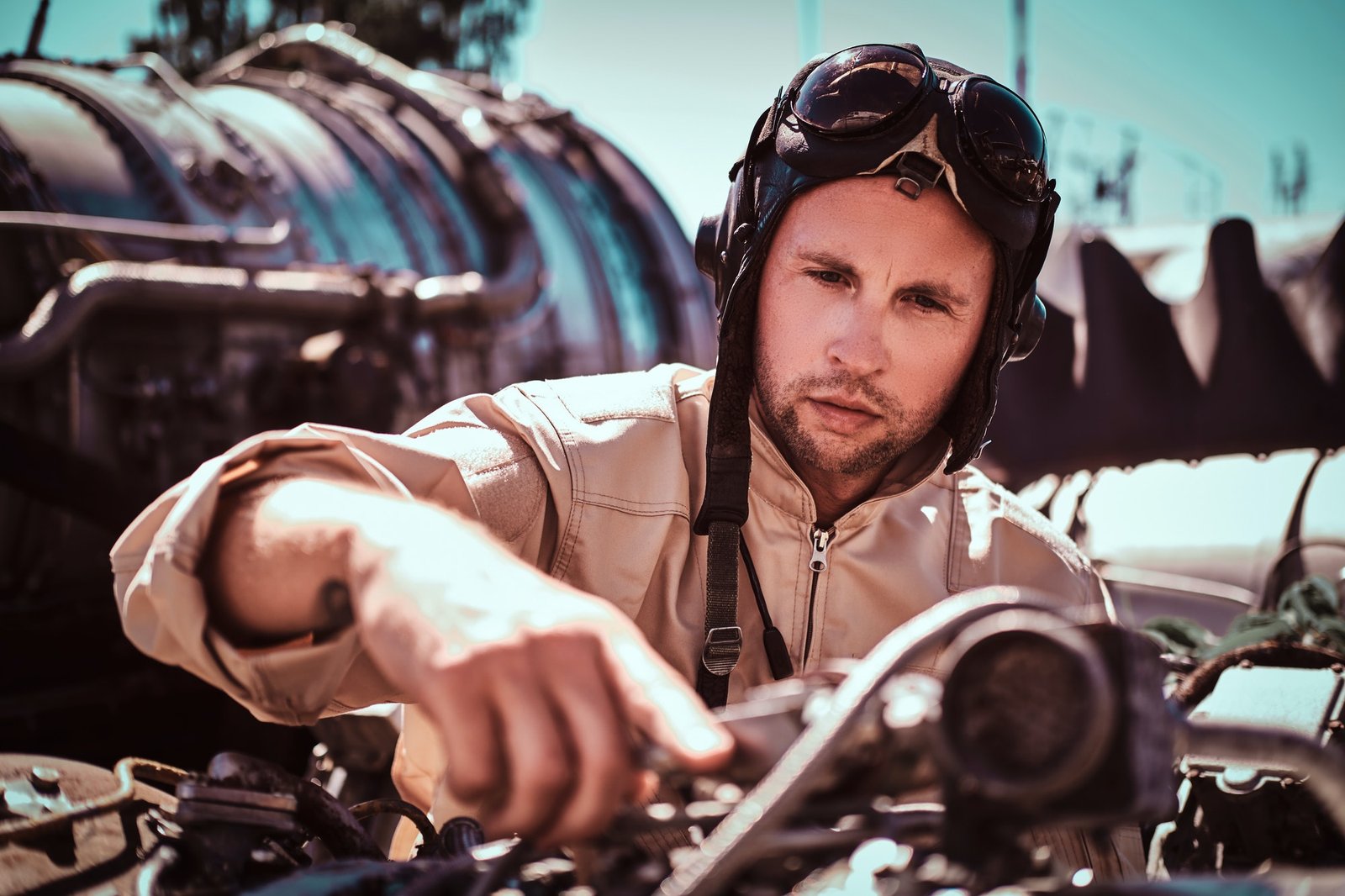 Pensive pilot is fixing jet's engine